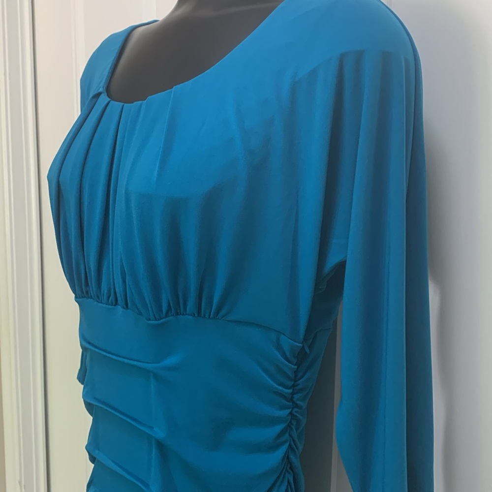 Turquoise Blue Bat wing MIDI Hidden Side Zip Dress Sz 8-10 Stretchy Gathered